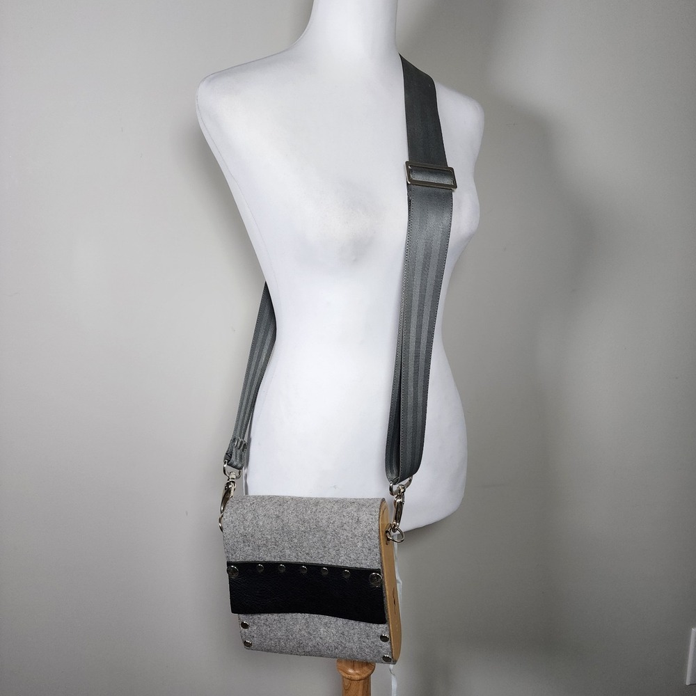 SOL Crossbody Bag Felted Wool Wood Leather Seatbelt Strap Studs Handmade Local‎